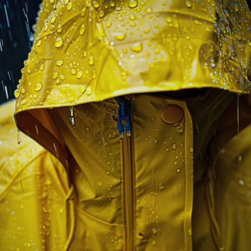 yellow rain jacket with a hood, ready for outdoor protection